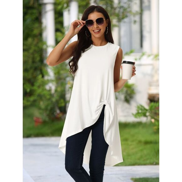 High Low Hem Tops Sleeveless Tunic Top Crewneck Dressy Casual Shirts White - Picture 4 of 6